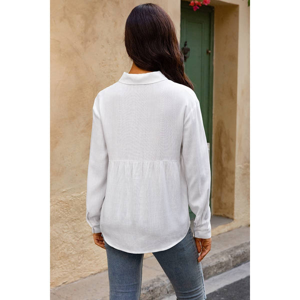 V Neck Button Down Top in White