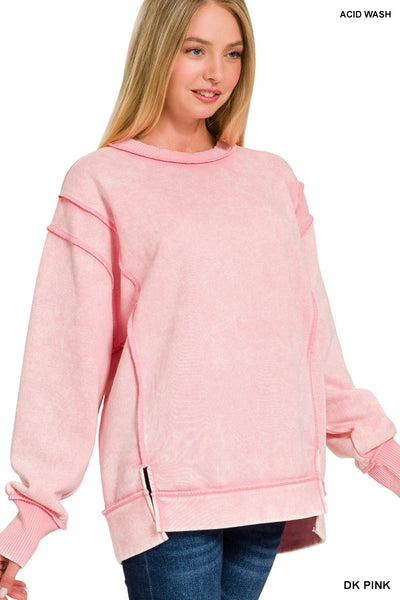 Acid Wash Exposed-Seam Fleece Sweatshirt in Dark Pink