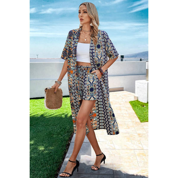 Allover Print Drop Shoulder Kimono And Shorts