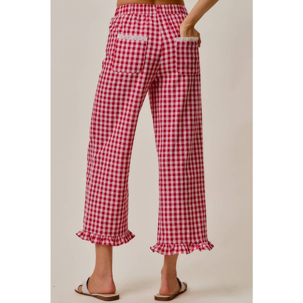 Ruffled Bottom Gingham Pants with Lace Trim in Red