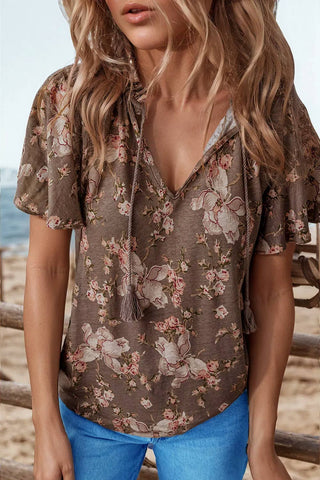 Floral Print Tassel Tie Split Neck Top