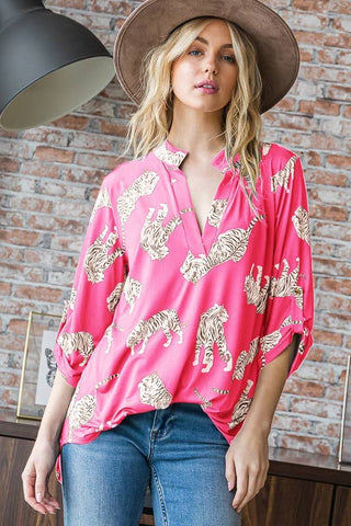 Mandurian Collar Leopard Print Top in Hot Pink