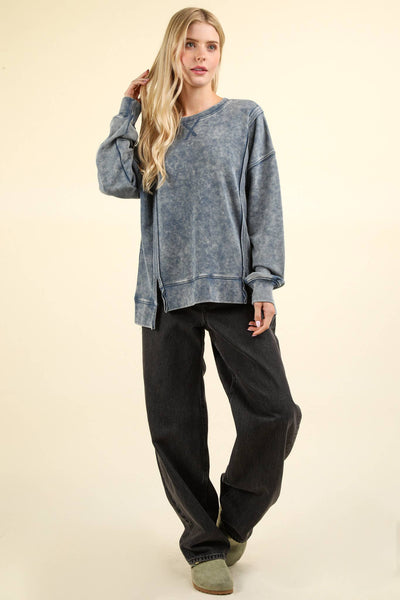 Front Seam Mineral Washed French Terry Oversized Top in Denim