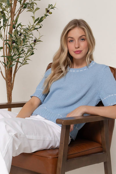 Short Sleeve Sweater with Contrast Color Stitch in Blue