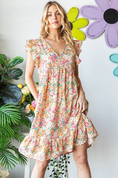 V Neck Floral Dress with Ruffle Sleeve and Pockets