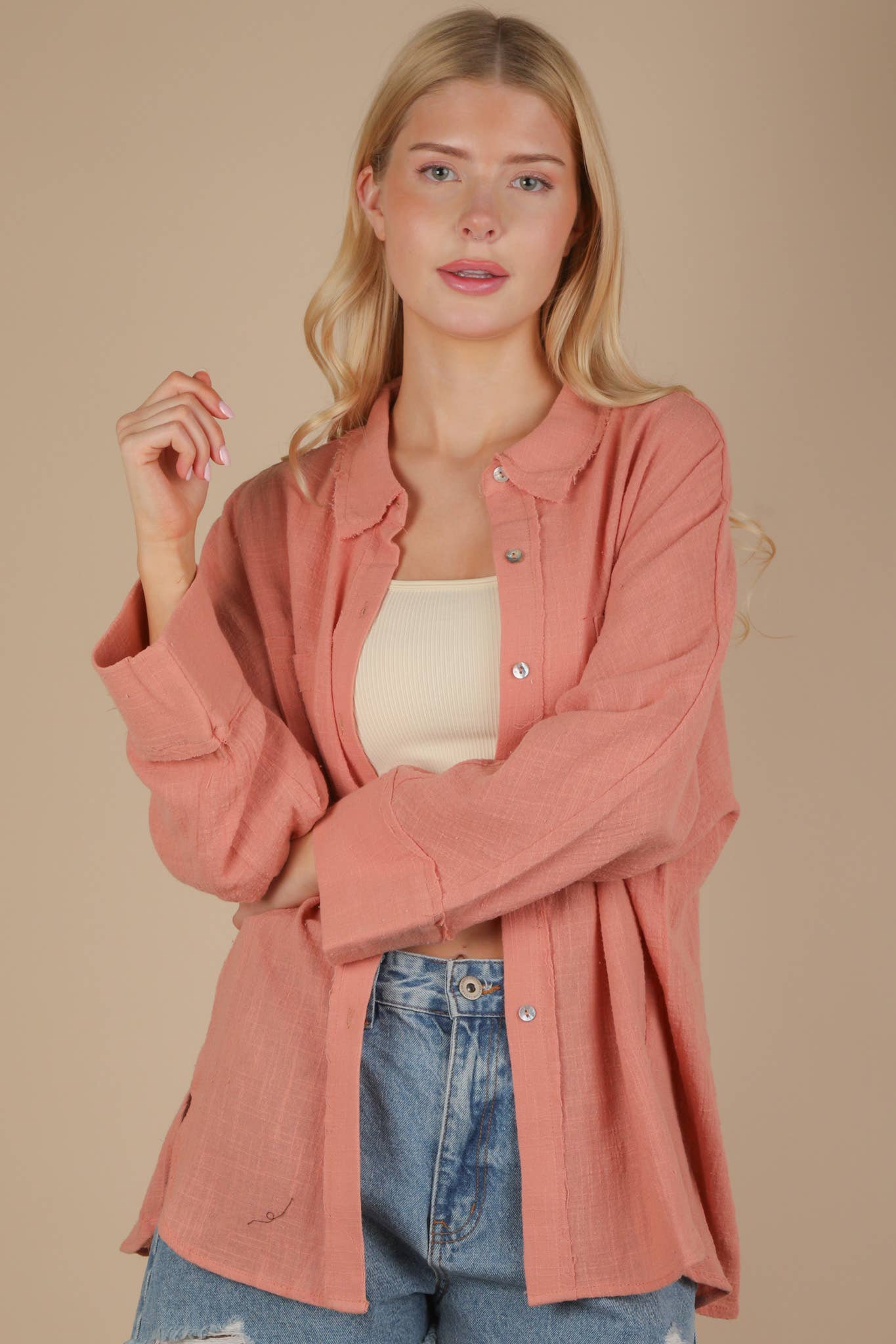 Dolman Sleeve Button Down Gauze Shirt in Blush