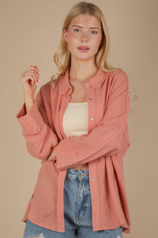 Dolman Sleeve Button Down Gauze Shirt in Blush