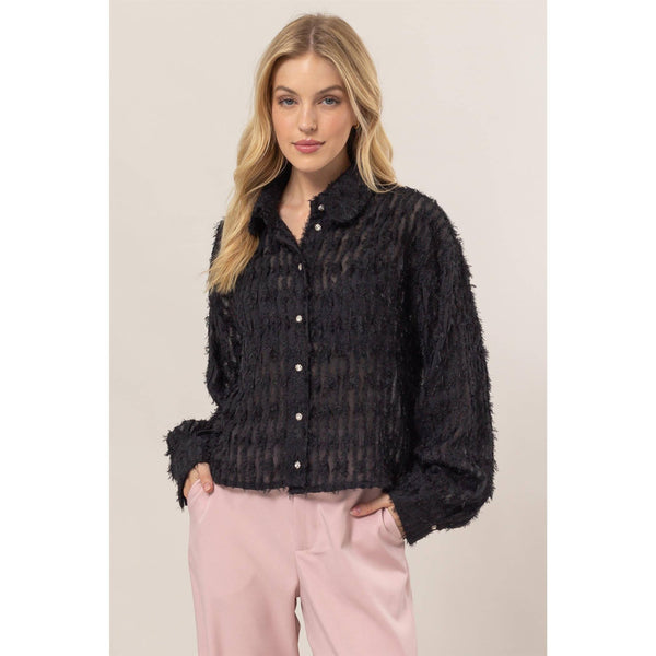 Fuzzy Button Down Blouse with Crystal Buttons