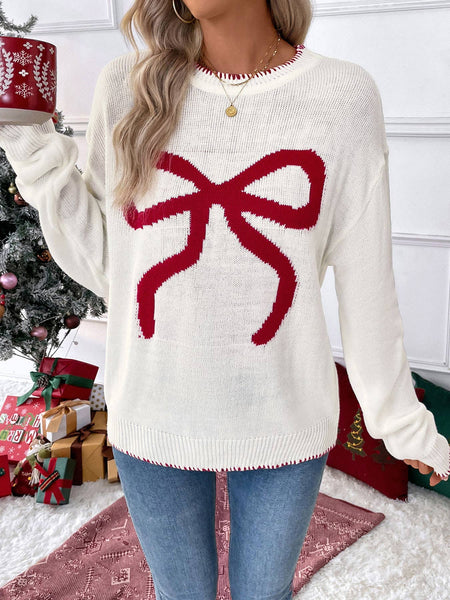Bow Knit Sweater in Cream with Red