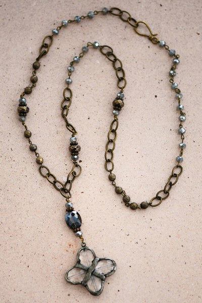 Boho Long Beaded Chain Link Necklace with Glass Crystal Pendant
