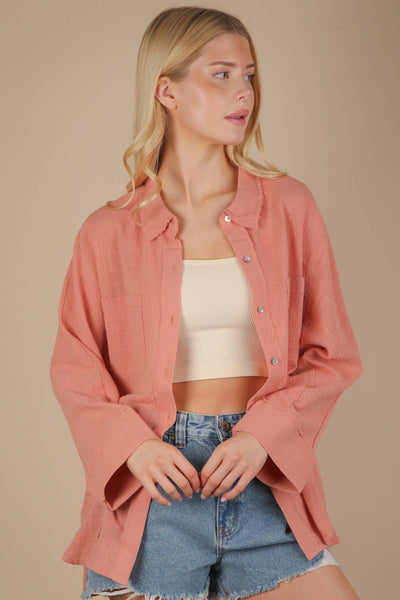 Dolman Sleeve Button Down Gauze Shirt in Blush