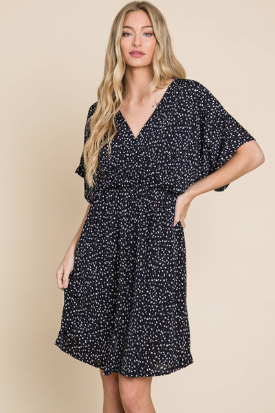 Faux Wrap V Neck Polka Dot Dress