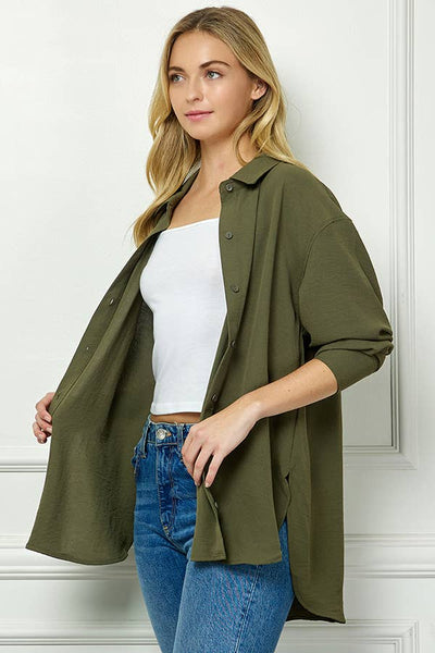 Oversized Boyfriend Button Up Shirt in Olive