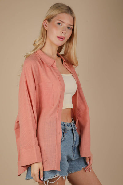 Dolman Sleeve Button Down Gauze Shirt in Blush