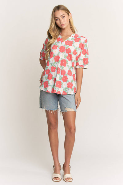 Floral Puff Sleeve Split Neck Top