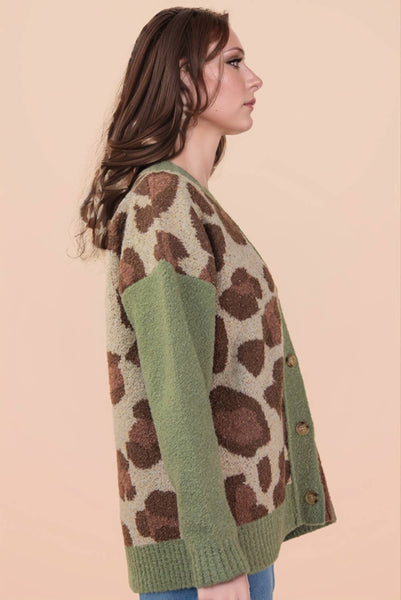 Leopard & Plaid Graphic Knit Sweater Cardigan