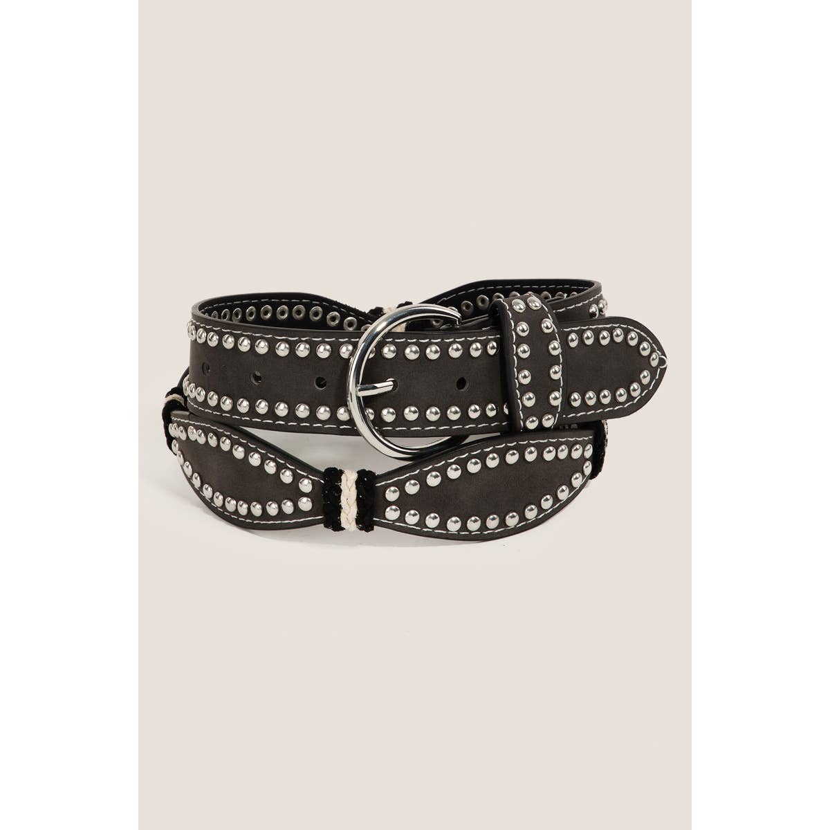 Studded Trim Faux Leather Wavy Belt in Black