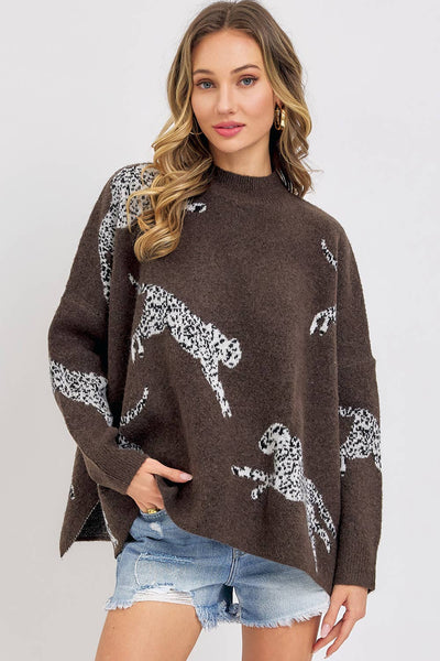 Leopard Patterned Oversized Sweater in Brown
