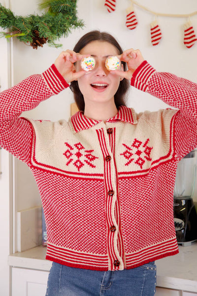 Graphic Collared Knit Sweater Cardigan