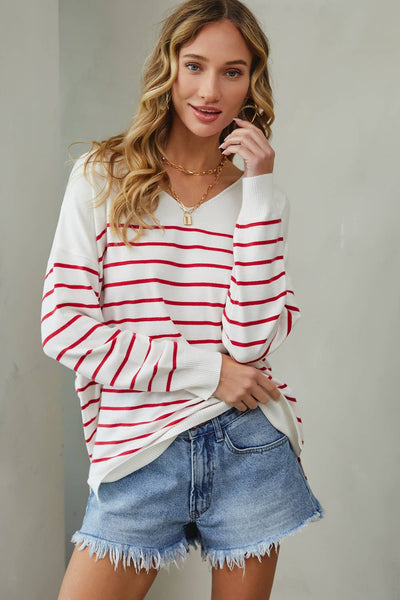 Oversized Striped Sweater in Ivory / Red