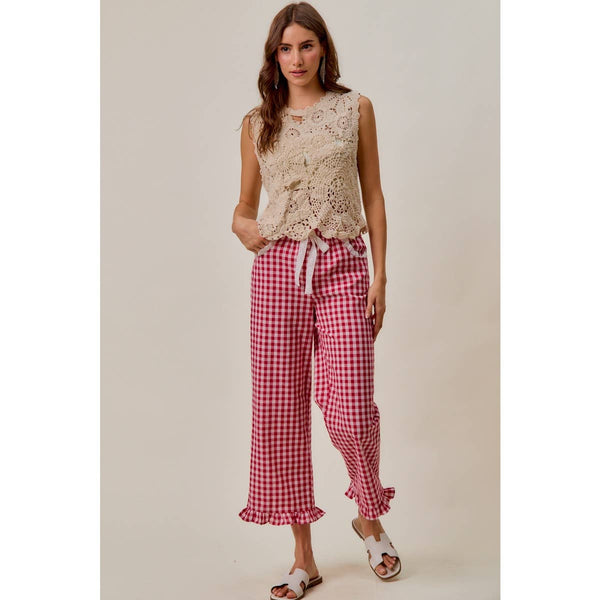 Ruffled Bottom Gingham Pants with Lace Trim in Red