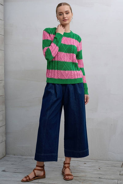 Cable Knit Striped Sweater in Green/Pink
