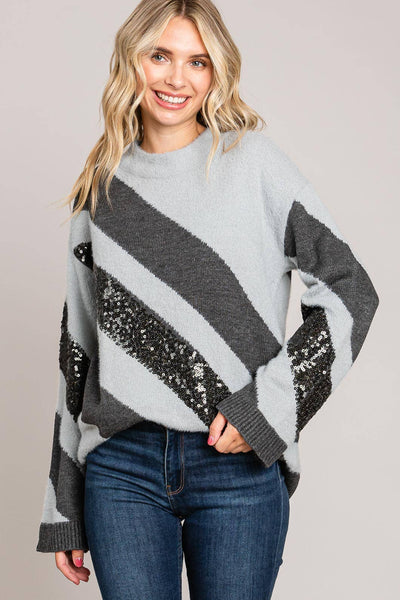 Contrast Stripe Sequin Sweater