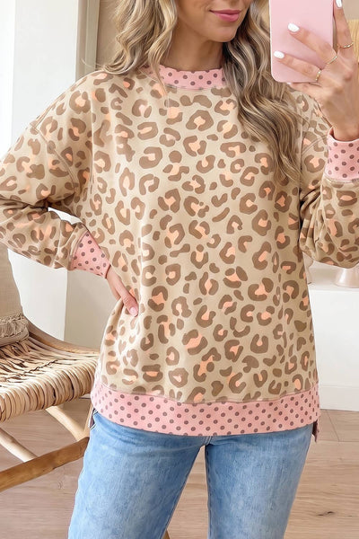 Leopard Polka Dot Trim Top in Khaki
