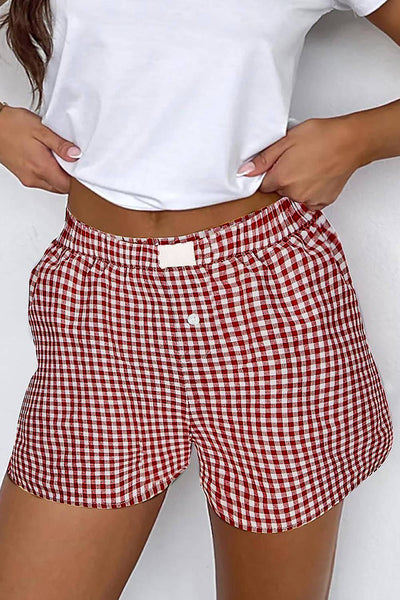 Gingham Printed High Waist Shorts in Red