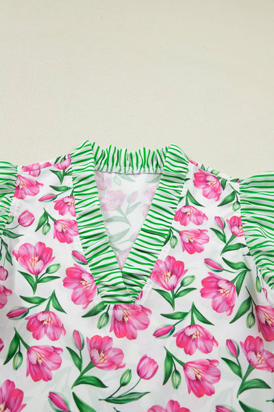 Floral Print Striped Ruffle Trim V Neck Blouse