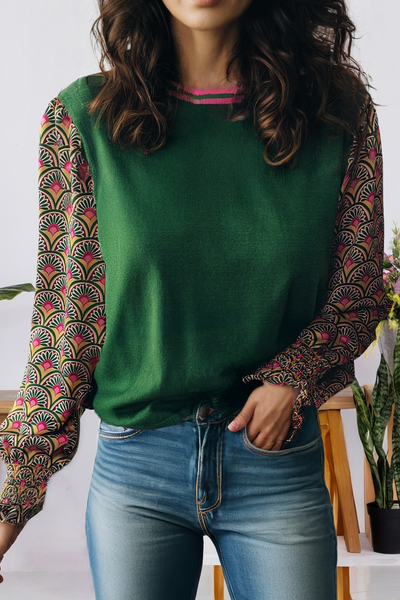 Floral Patchwork Shirred Cuff Puff Sleeve Sweater