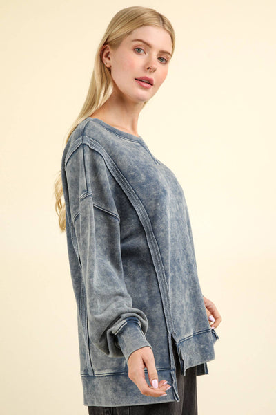 Front Seam Mineral Washed French Terry Oversized Top in Denim