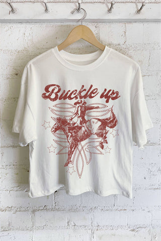 Buckle Up Cowboy Boot Stitch Graphic Long Crop Tee