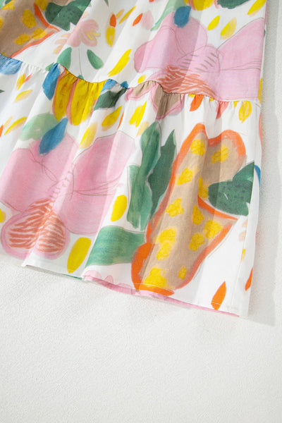 Floral Doodle Print Striped Trim V Neck Midi Dress