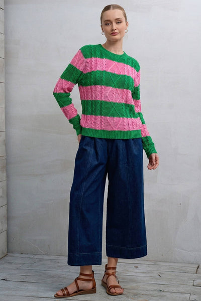 Cable Knit Striped Sweater in Green/Pink