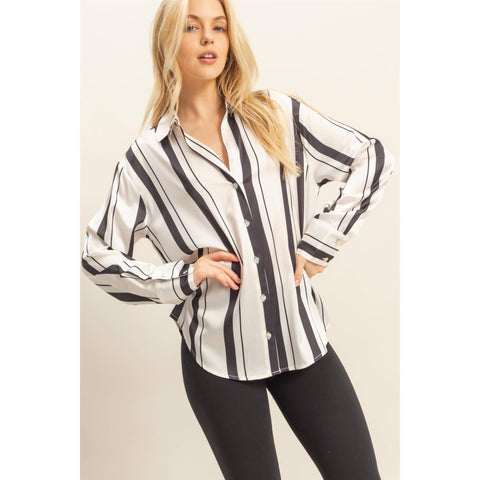 Versatile Striped Silhouette Button-Down Shirt in Black