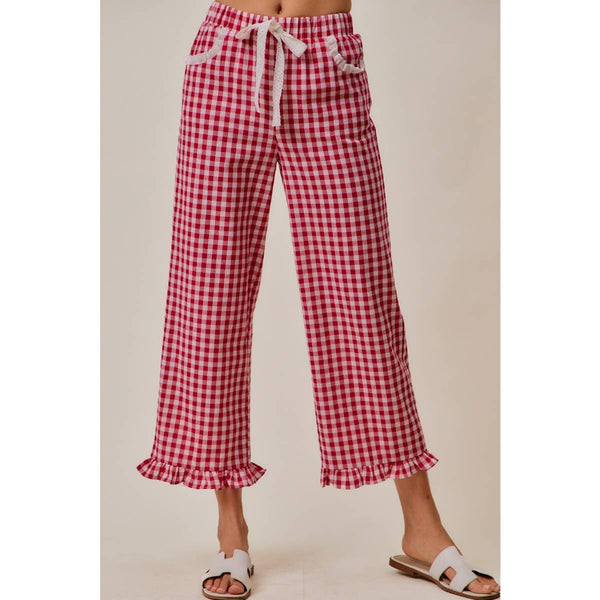 Ruffled Bottom Gingham Pants with Lace Trim in Red