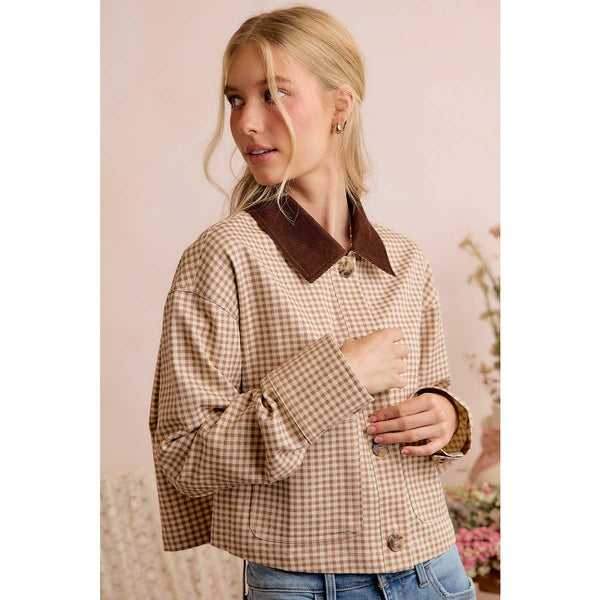 Cropped Gingham Jacket with Corduroy Collar