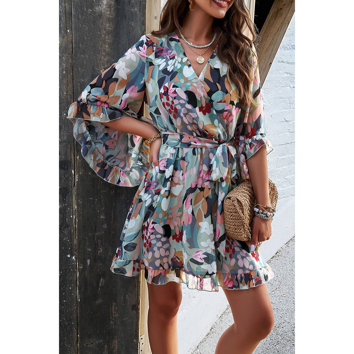 Floral V Neck Ruffle Hem Faux Wrap Dress