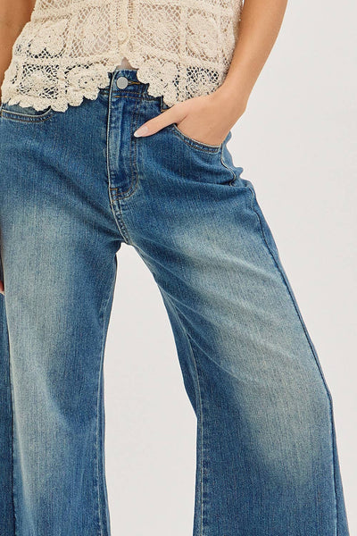 Mid Rise Wide Leg Frayed Hem Denim