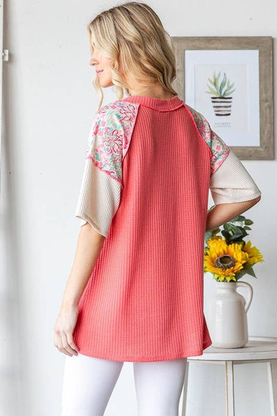 Waffle V Neck Floral Sleeve Top in Coral