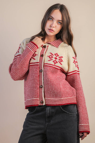 Graphic Collared Knit Sweater Cardigan