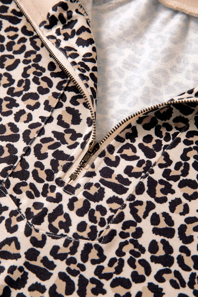 Leopard Half Zip Stripe Mock Neck Top