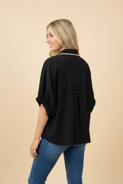 Embroidered Trim Puff Sleeve Blouse