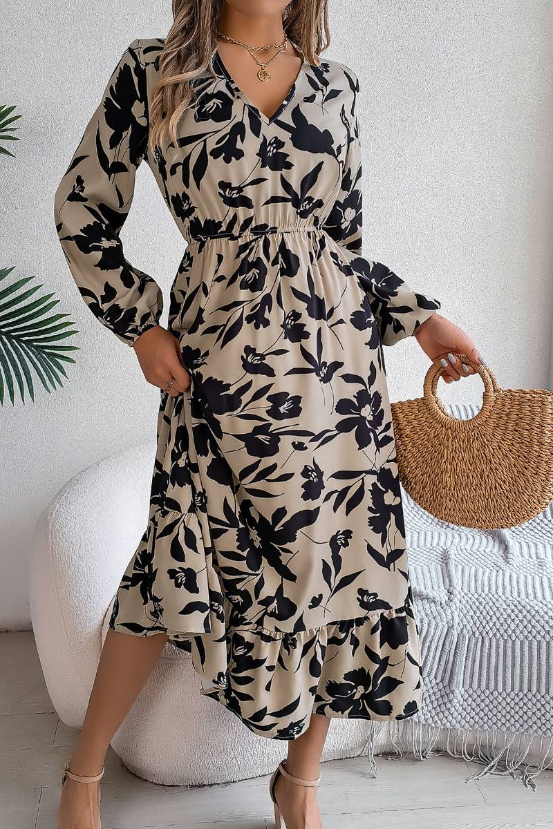 V Neck Muted Floral Dress in Beige and Balck