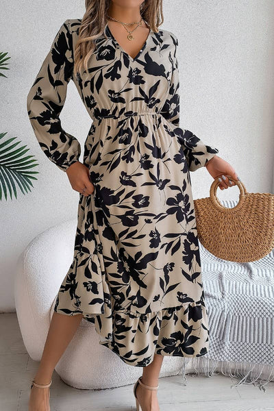 V Neck Muted Floral Dress in Beige and Balck
