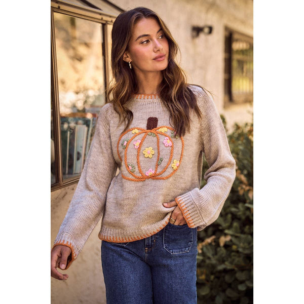 Pumpkin Floral Embroidered Sweater
