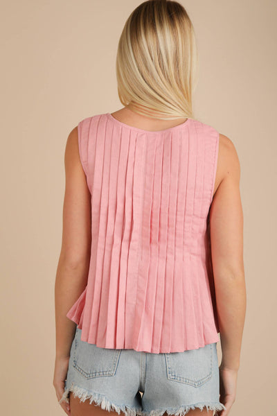 Pleated Woven Blouse Top with Front Tie
