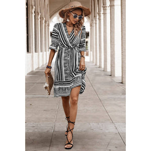 Faux Wrap Striped Dress with Ruffle Hem Sleeve