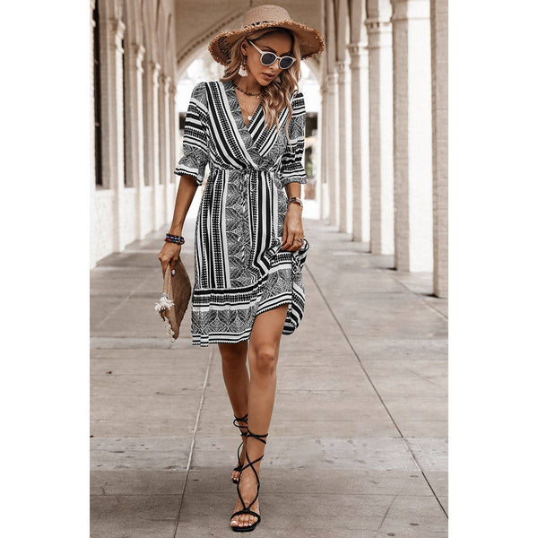 Faux Wrap Striped Dress with Ruffle Hem Sleeve